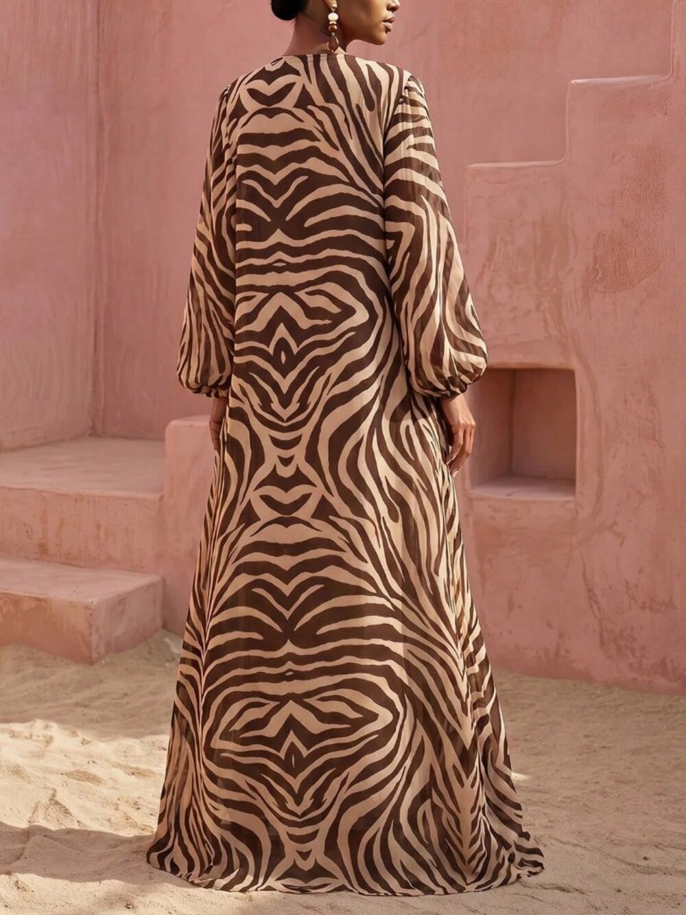 Brown Zebra Print Lantern Sleeve Women's Kimono Cover Up & Wide Leg Pants Set - Picture 2 of 6